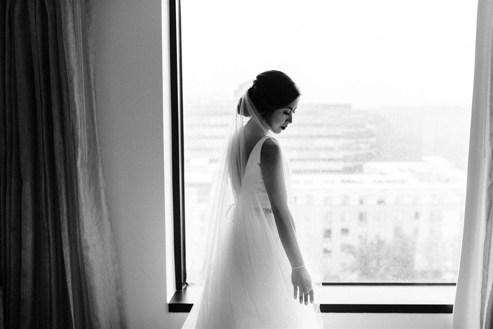 black and white classic bridal portrait before Winery at Bull Run wedding
