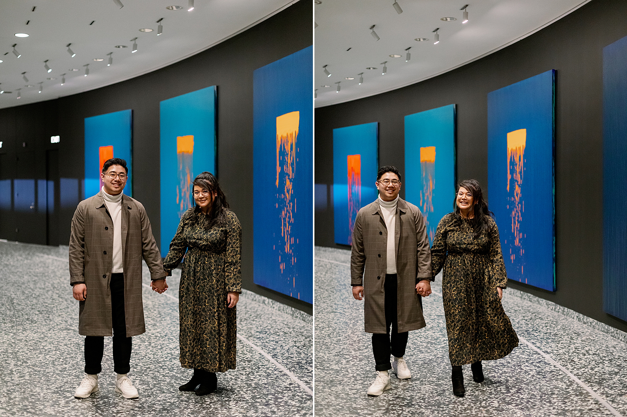couple poses by artwork during Art Museum Engagement Session
