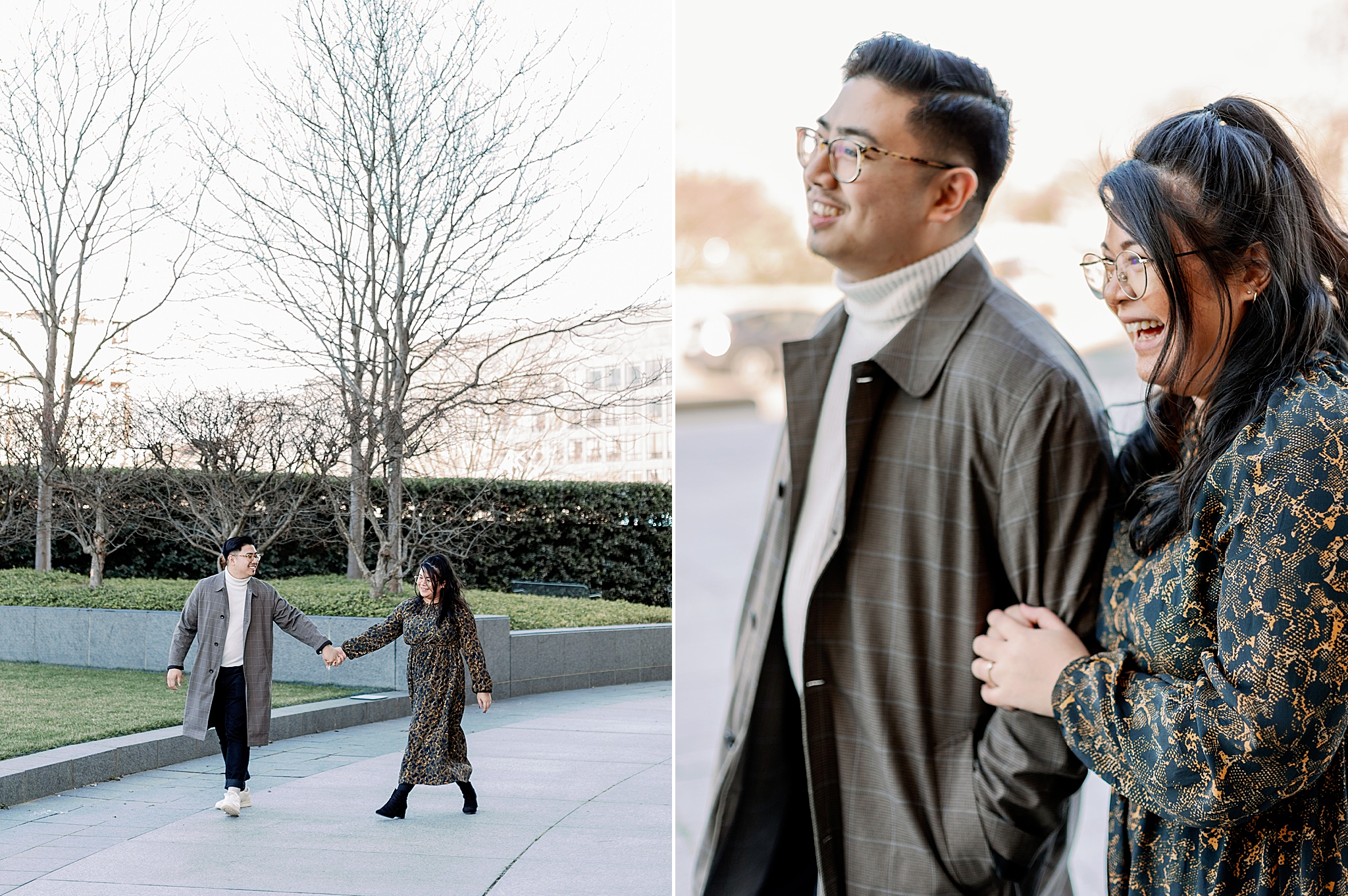 couple walks through gardens during Art Museum Engagement Session