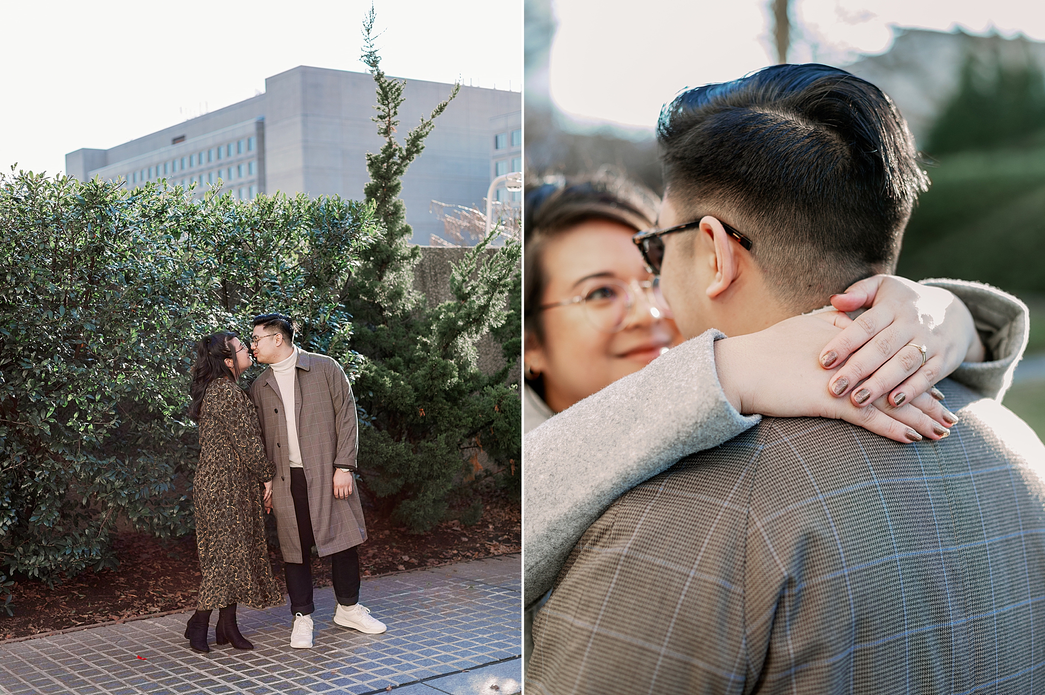 bride looks at groom during DC engagement photos
