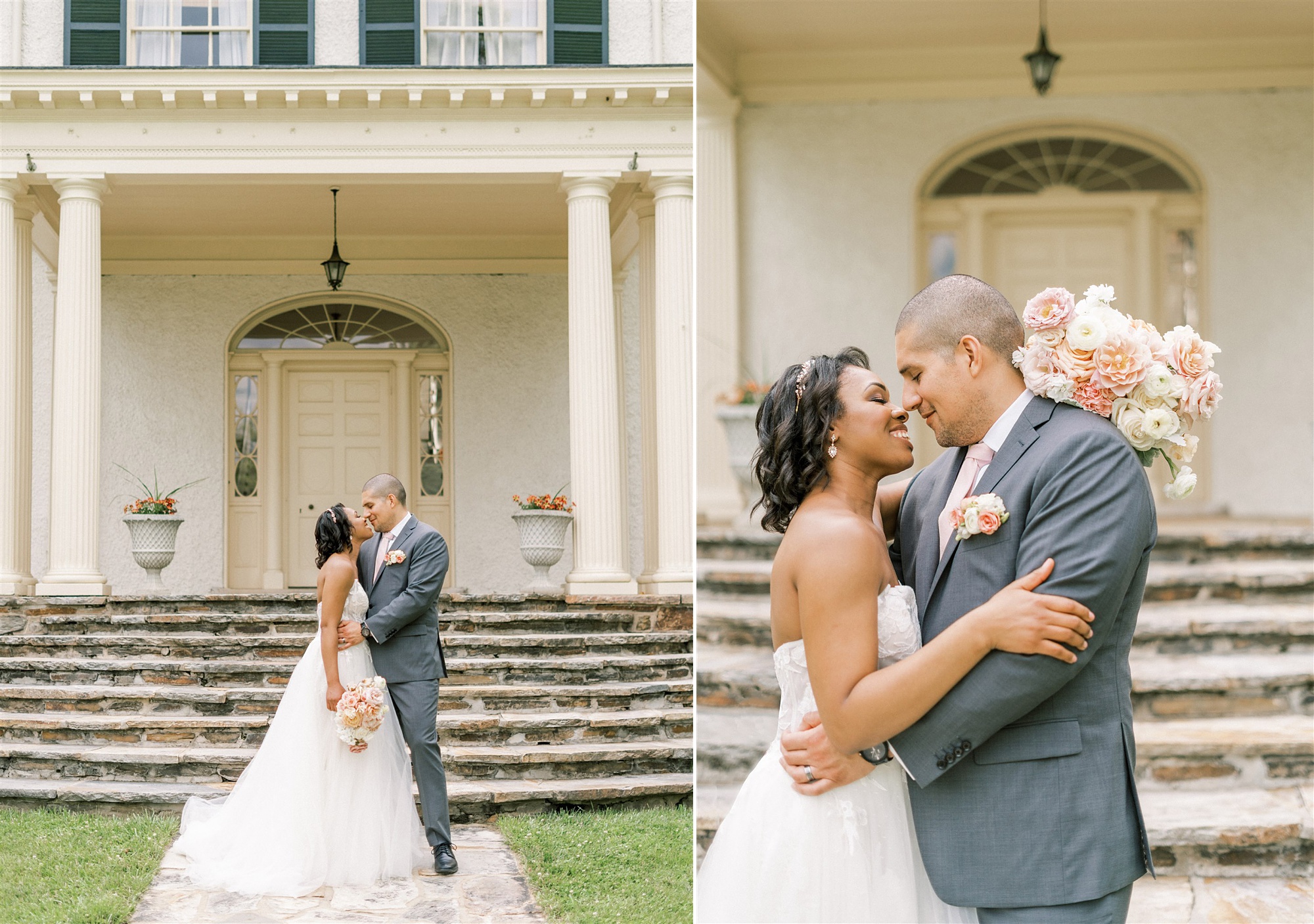 bride and groom pose together outside Rust Manor after vow renewal