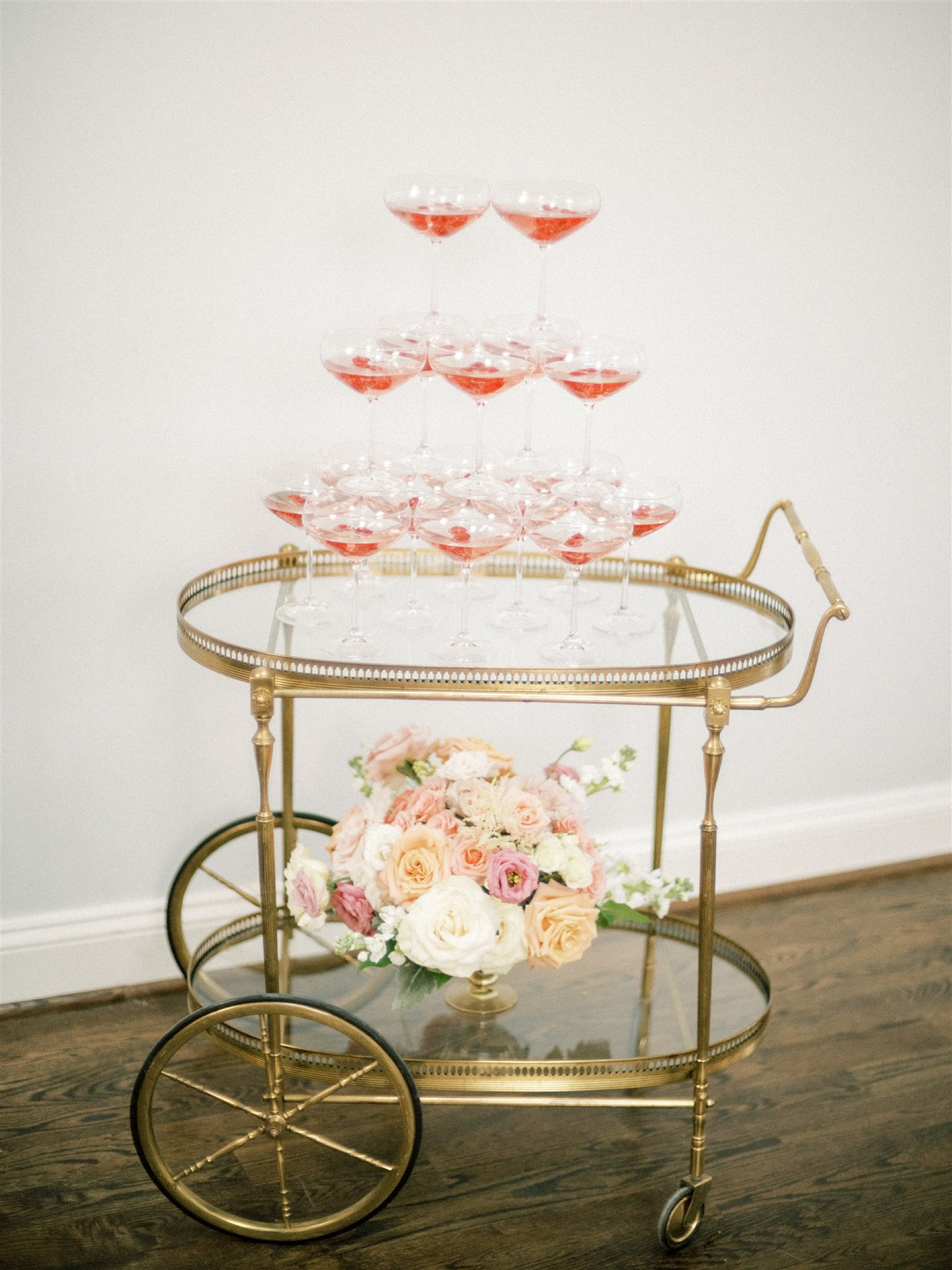 rose champagne tower on vintage tray