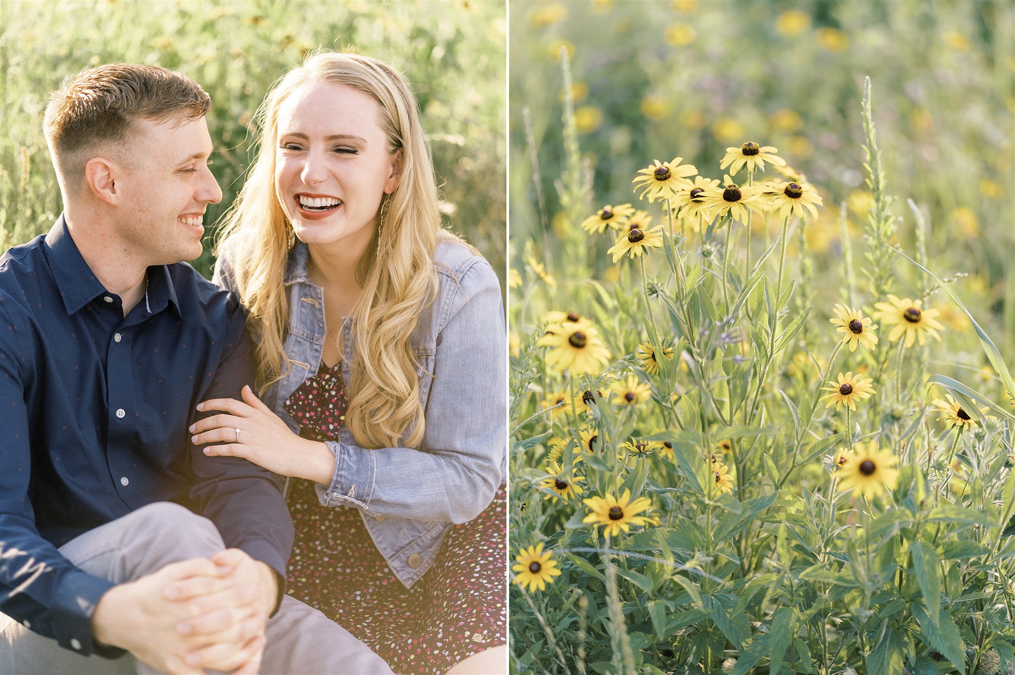 bride and groom pose in field of black eyed susans during Old Town Alexandria engagement session