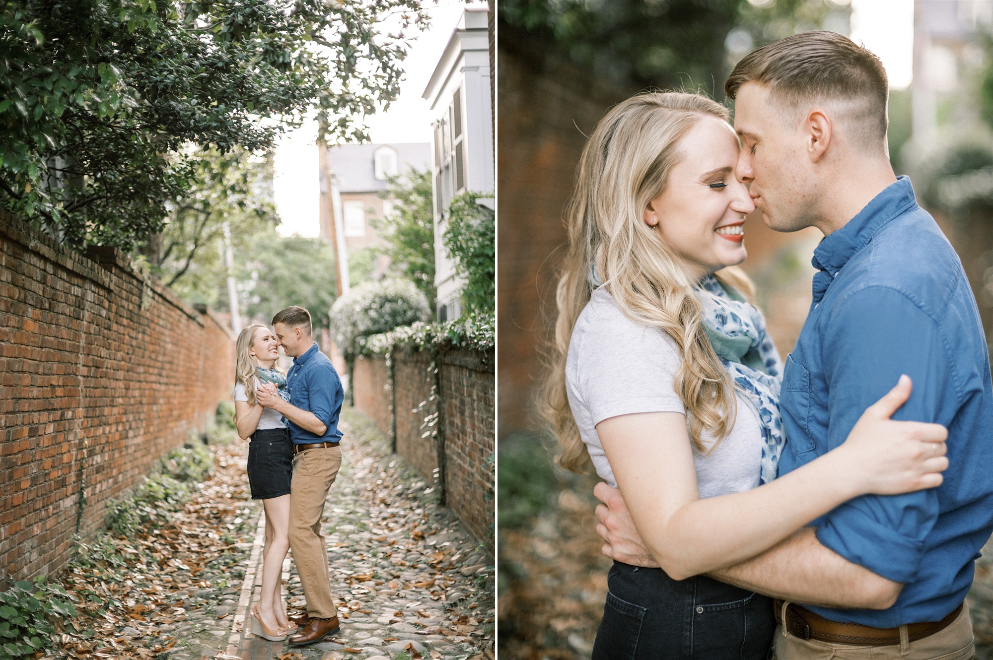 groom kisses bride's forehead during VA engagement photos