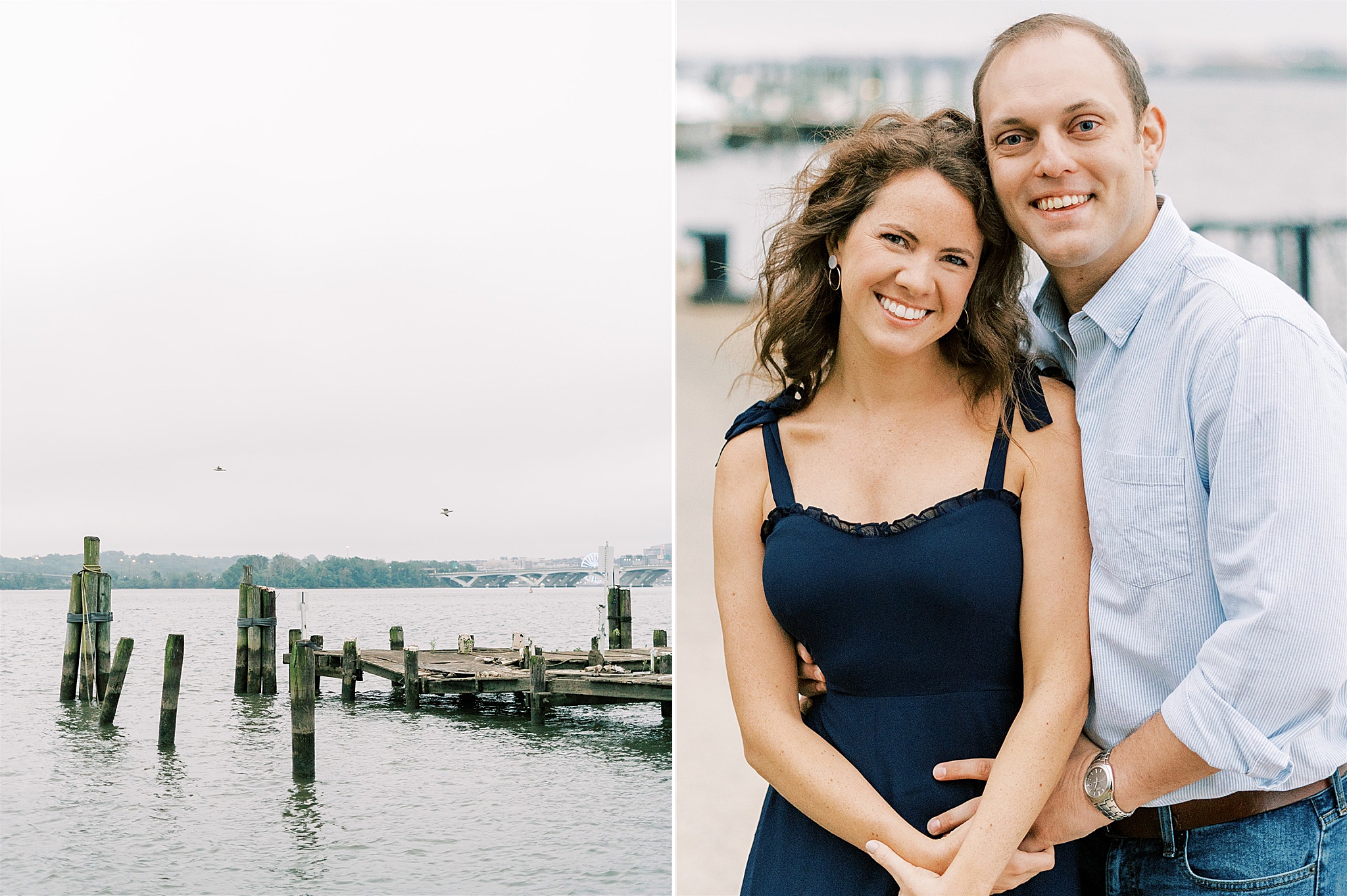 couple poses by Potomac River in Old Town Alexandria