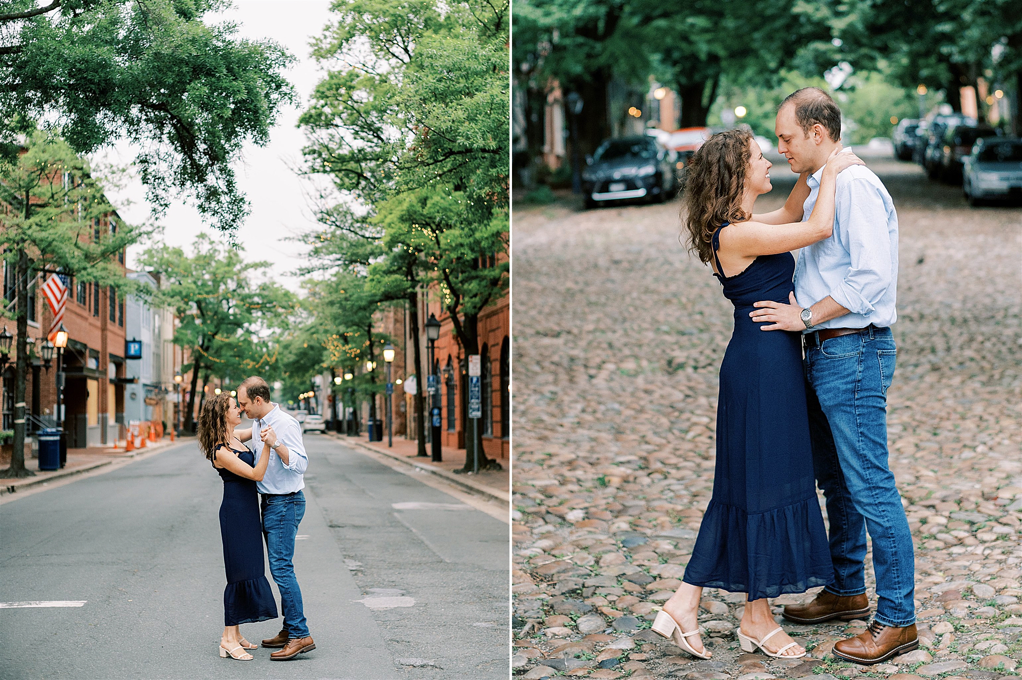 bride and groom pose on cobblestone streets of Old Town Alexandria