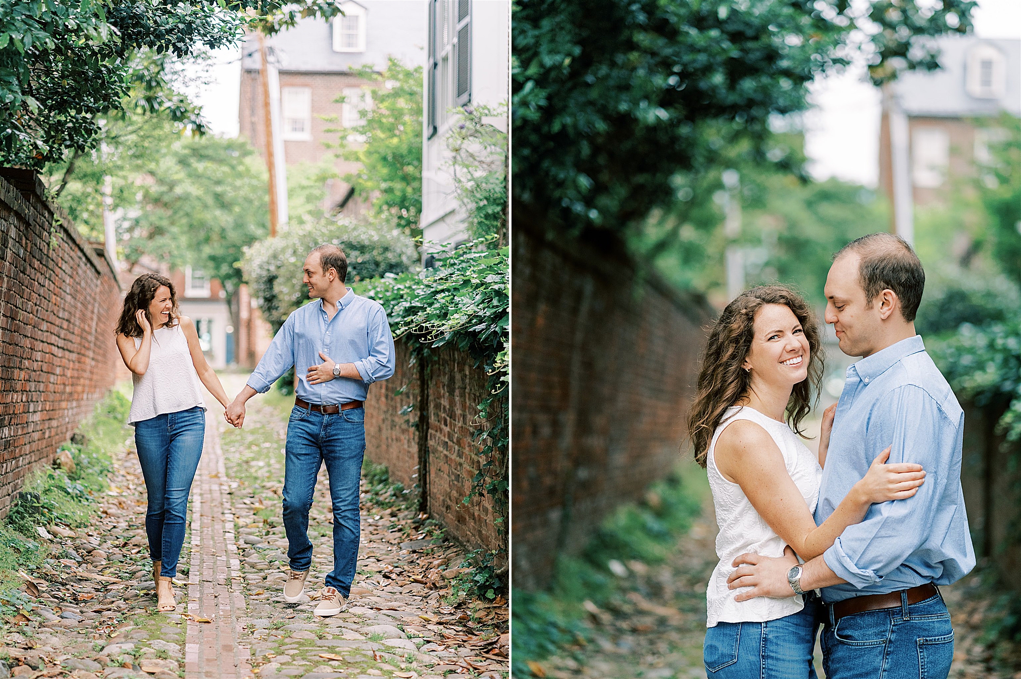 bride and groom walk through cobblestone alleyway
