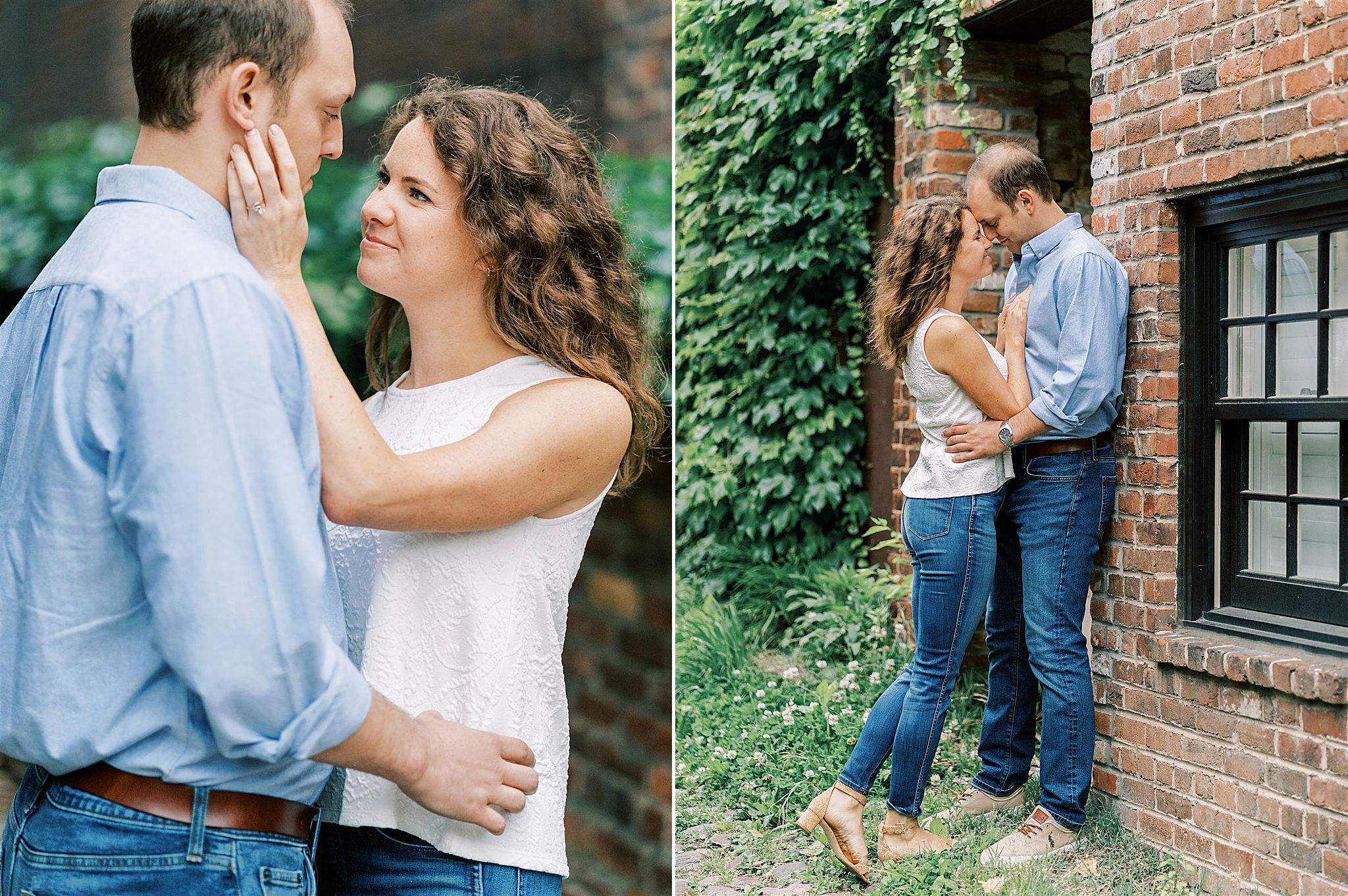 romantic engagement portraits along brick wall in Old Town Alexandria