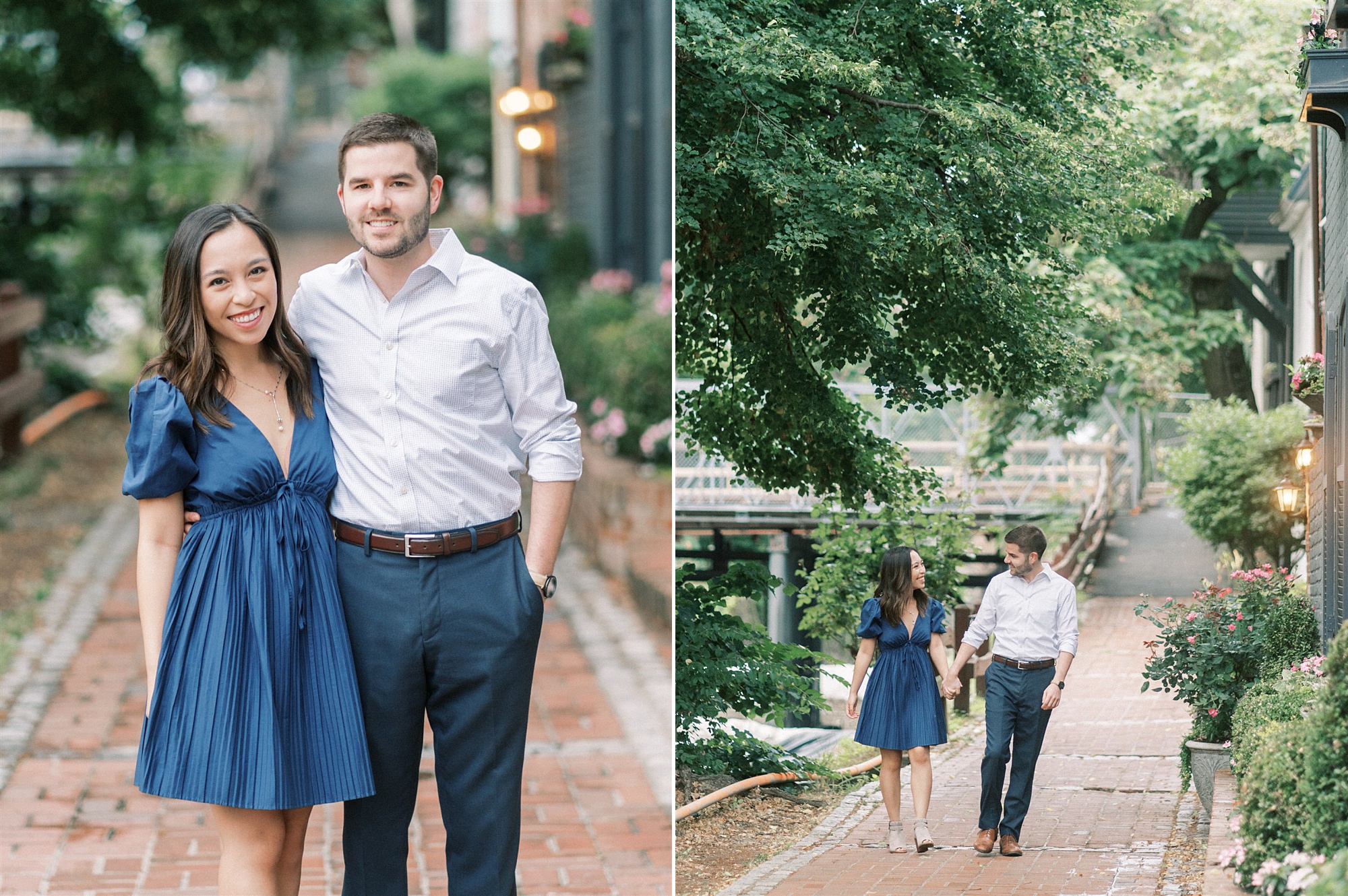 engaged couple walks through canal in Georgetown 