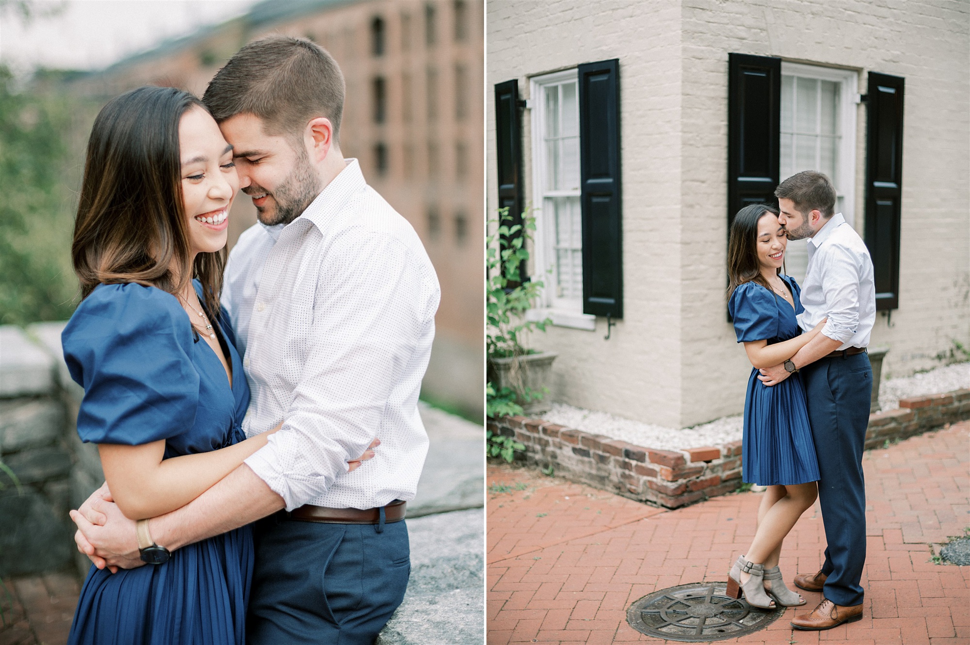 bride wears blue dress during Georgetown DC Engagement Session