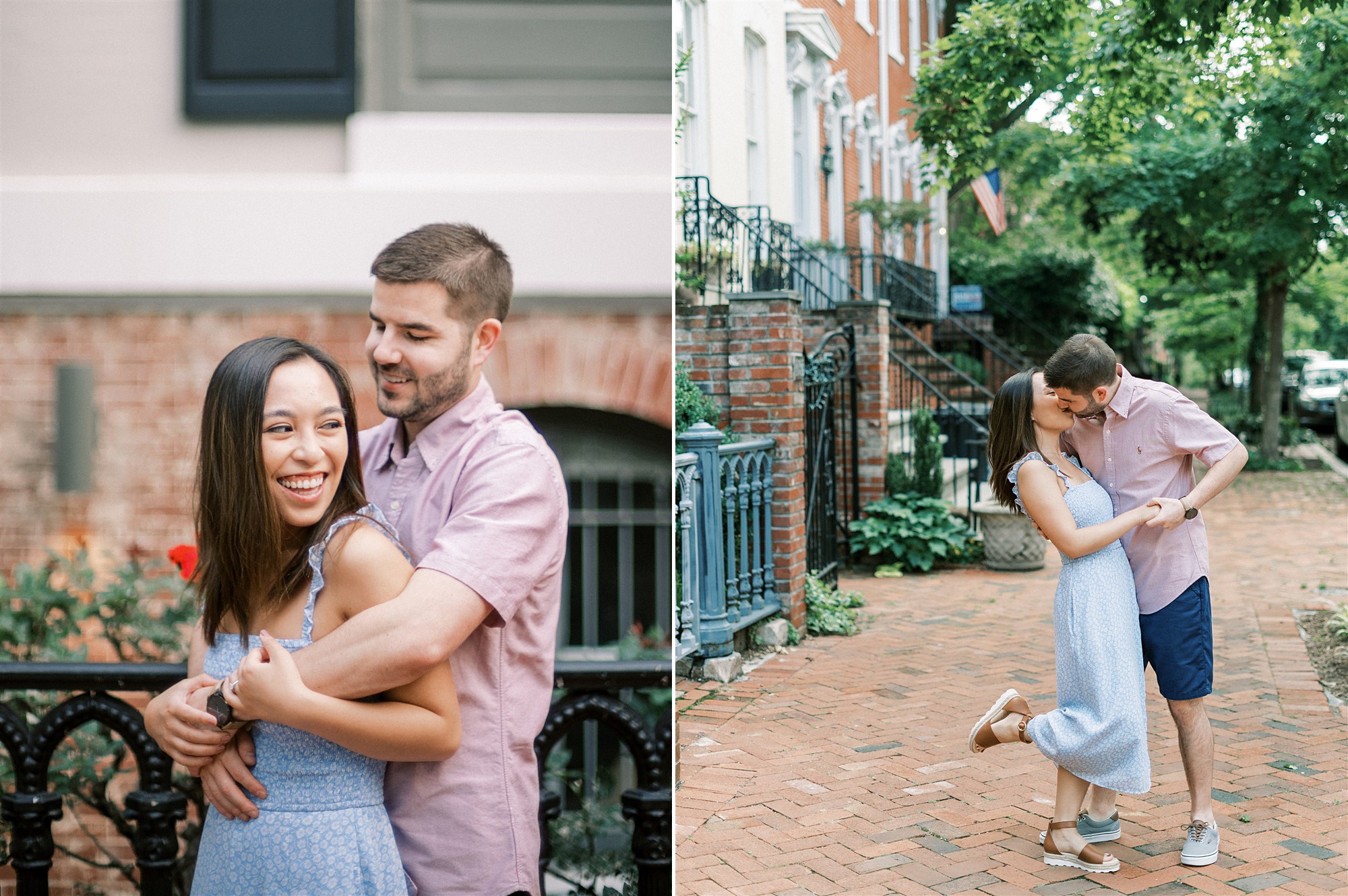 romantic engagement portraits on cobblestone sidewalk in Georgetown