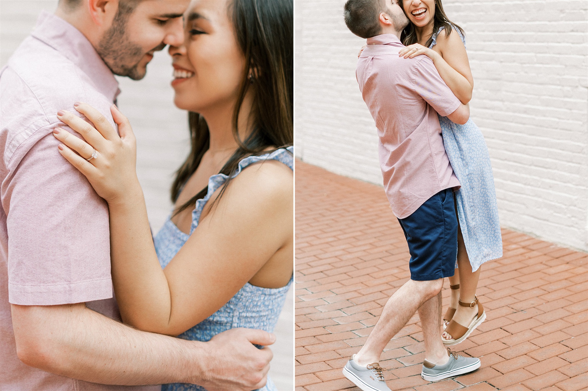 bride and groom pose on sidewalk during Georgetown DC Engagement Session