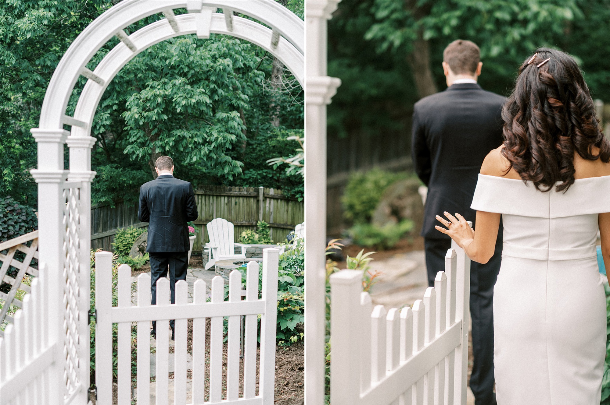 bride approaches groom during first look in backyard