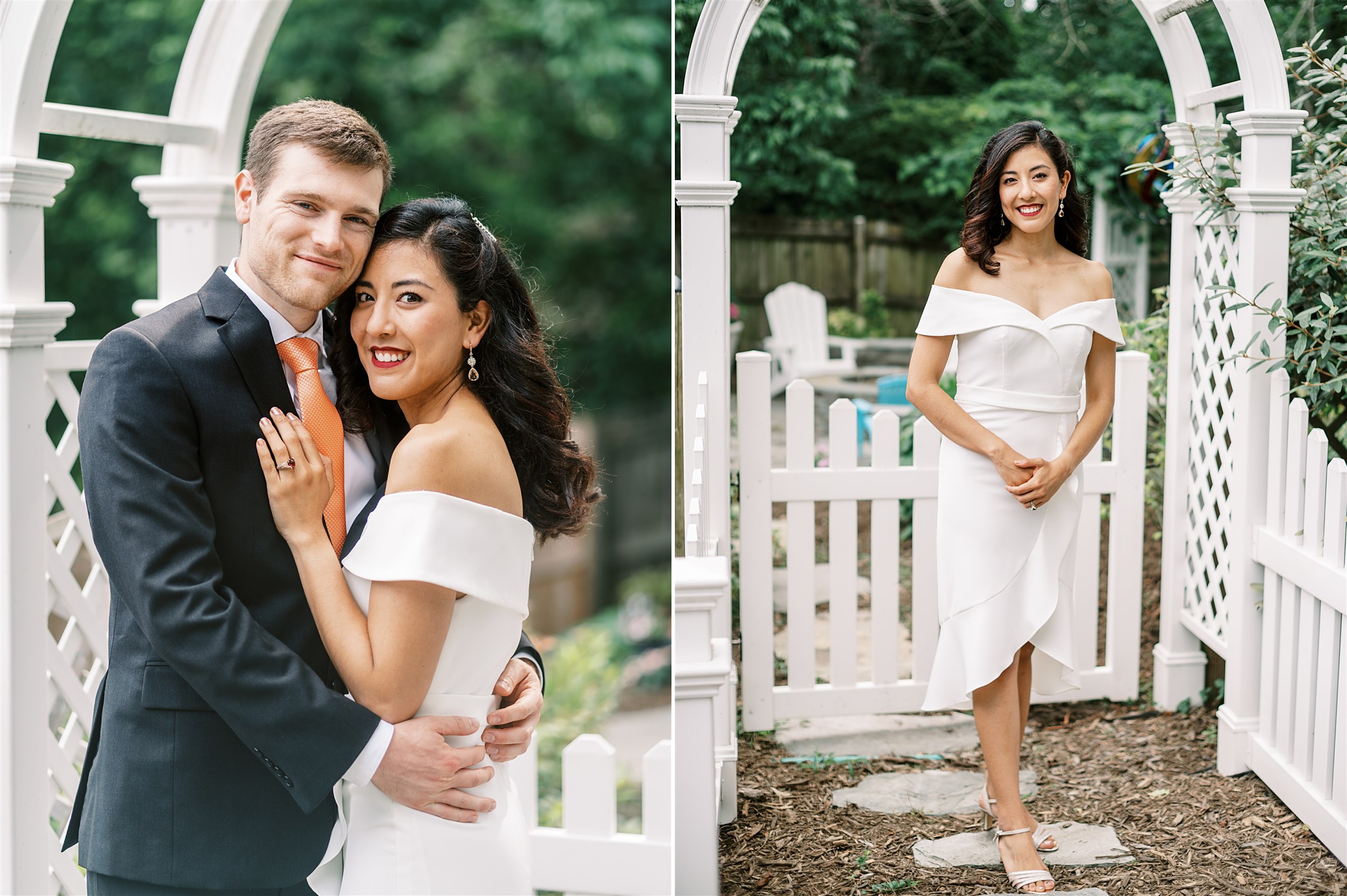 newlyweds pose in backyard during portraits before intimate backyard wedding