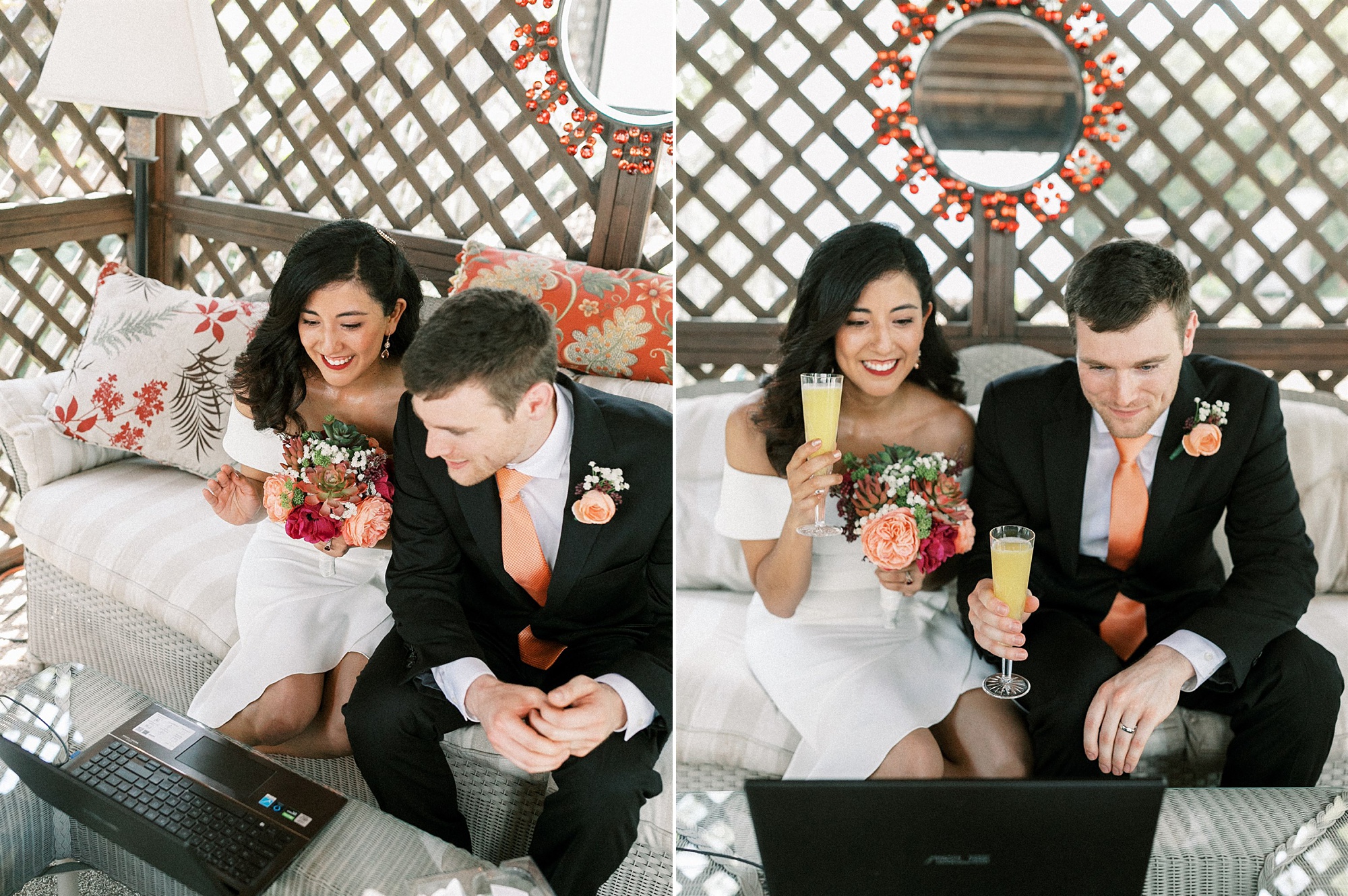 bride and groom toast with mimosas on Zoom