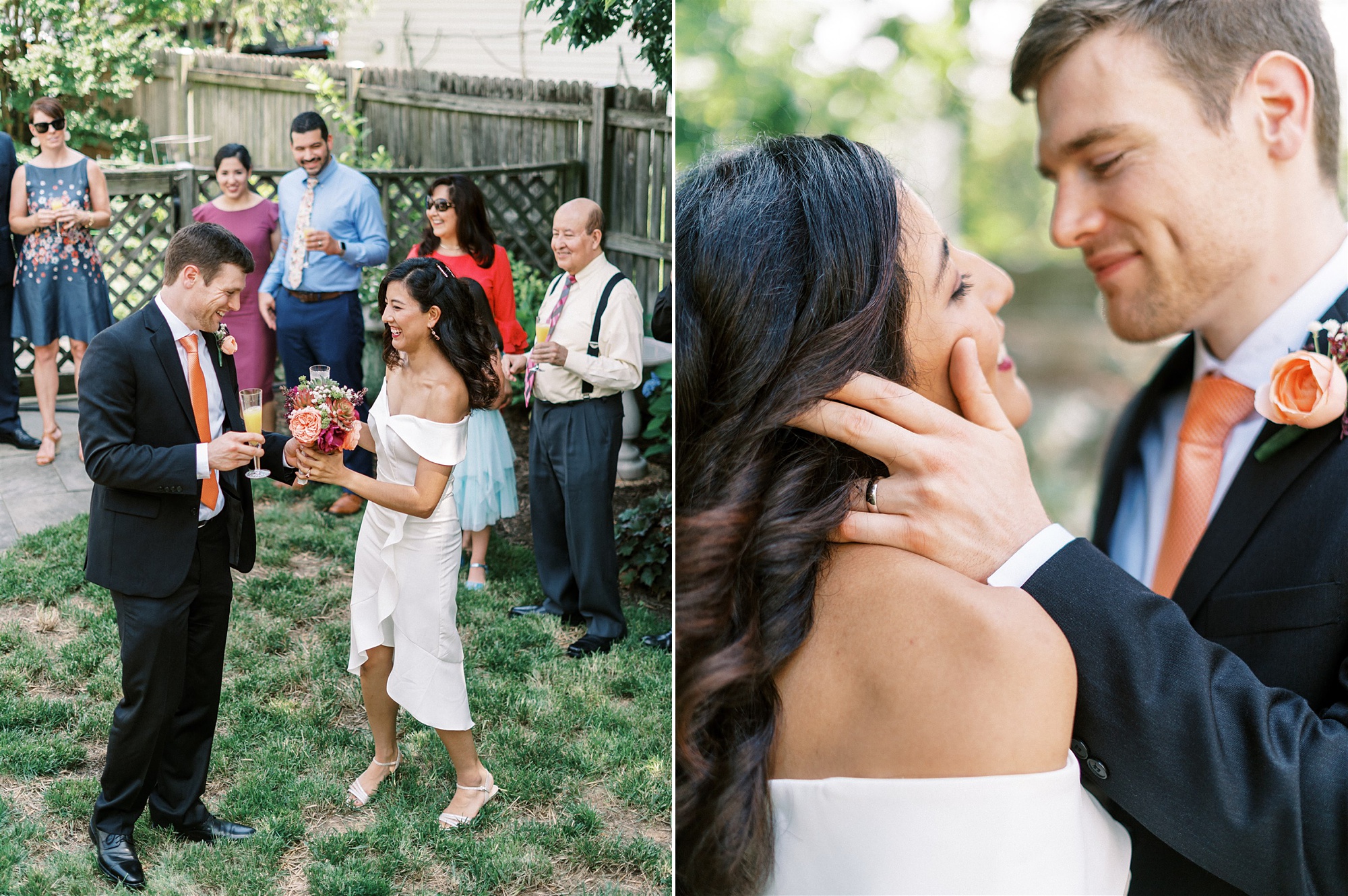 bride and groom have first dance in backyard