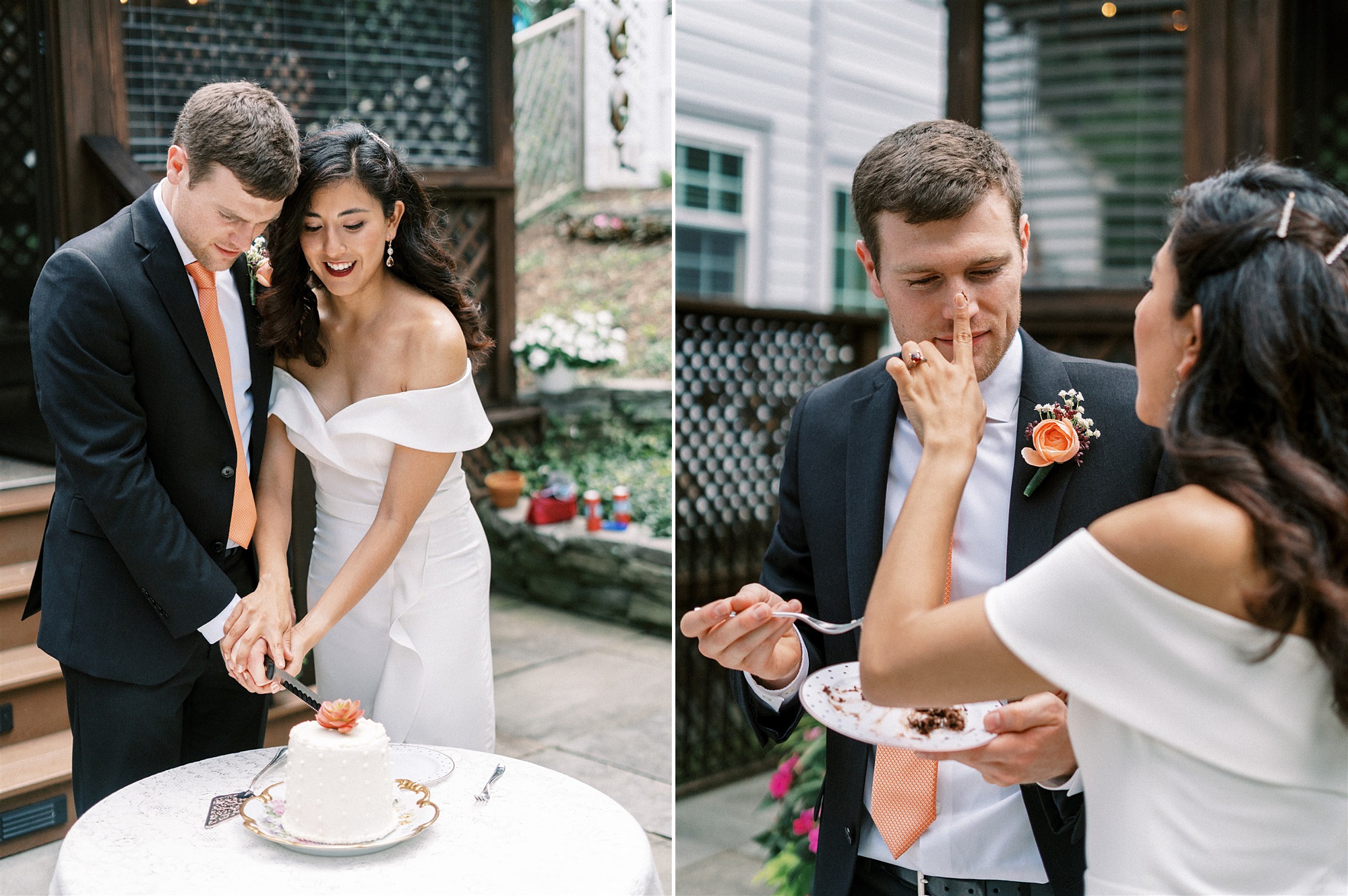 intimate backyard wedding cake cutting