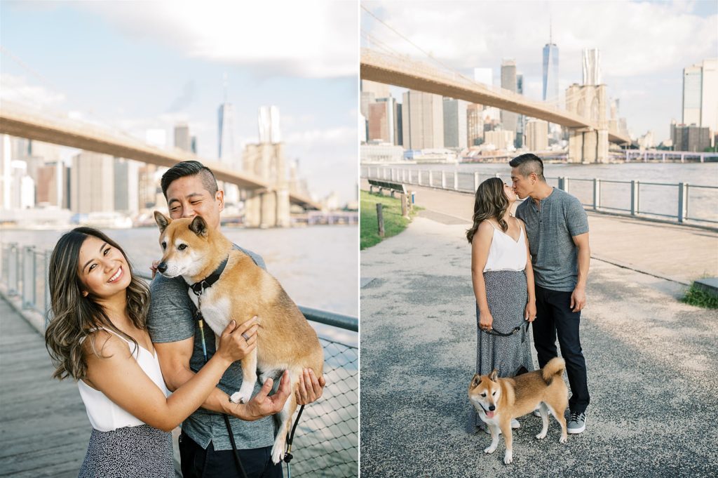 couple poses with dog at Brooklyn Bridge Park
