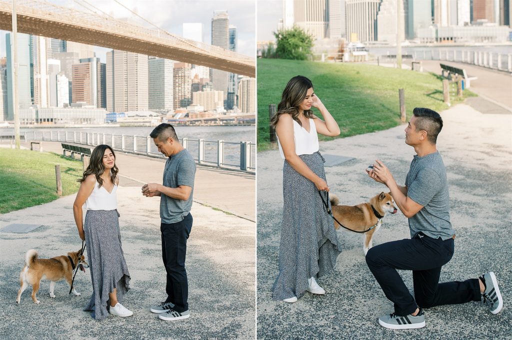 boyfriend kneels showing ring to girlfriend during surprise NYC proposal