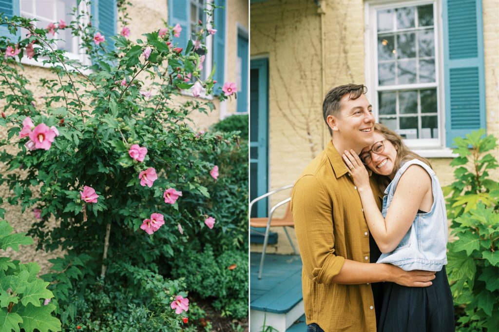 bride and groom hug during downtown Leesburg engagement session