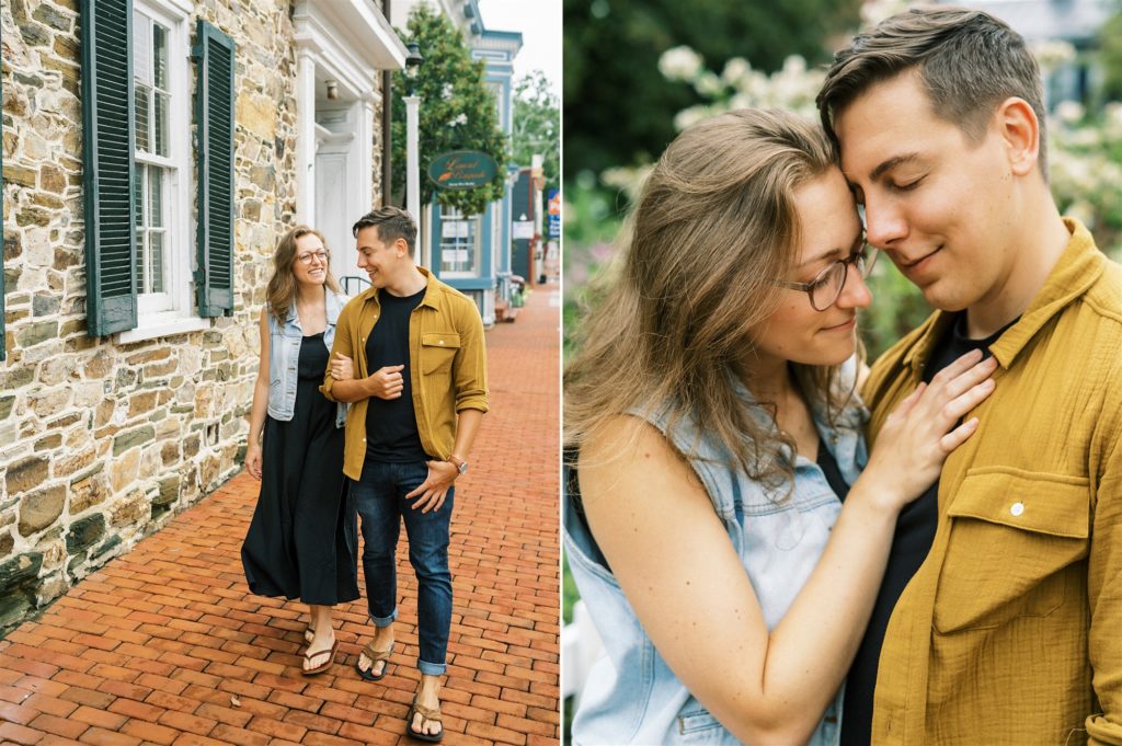 couple walks through downtown Leesburg during engagement photos