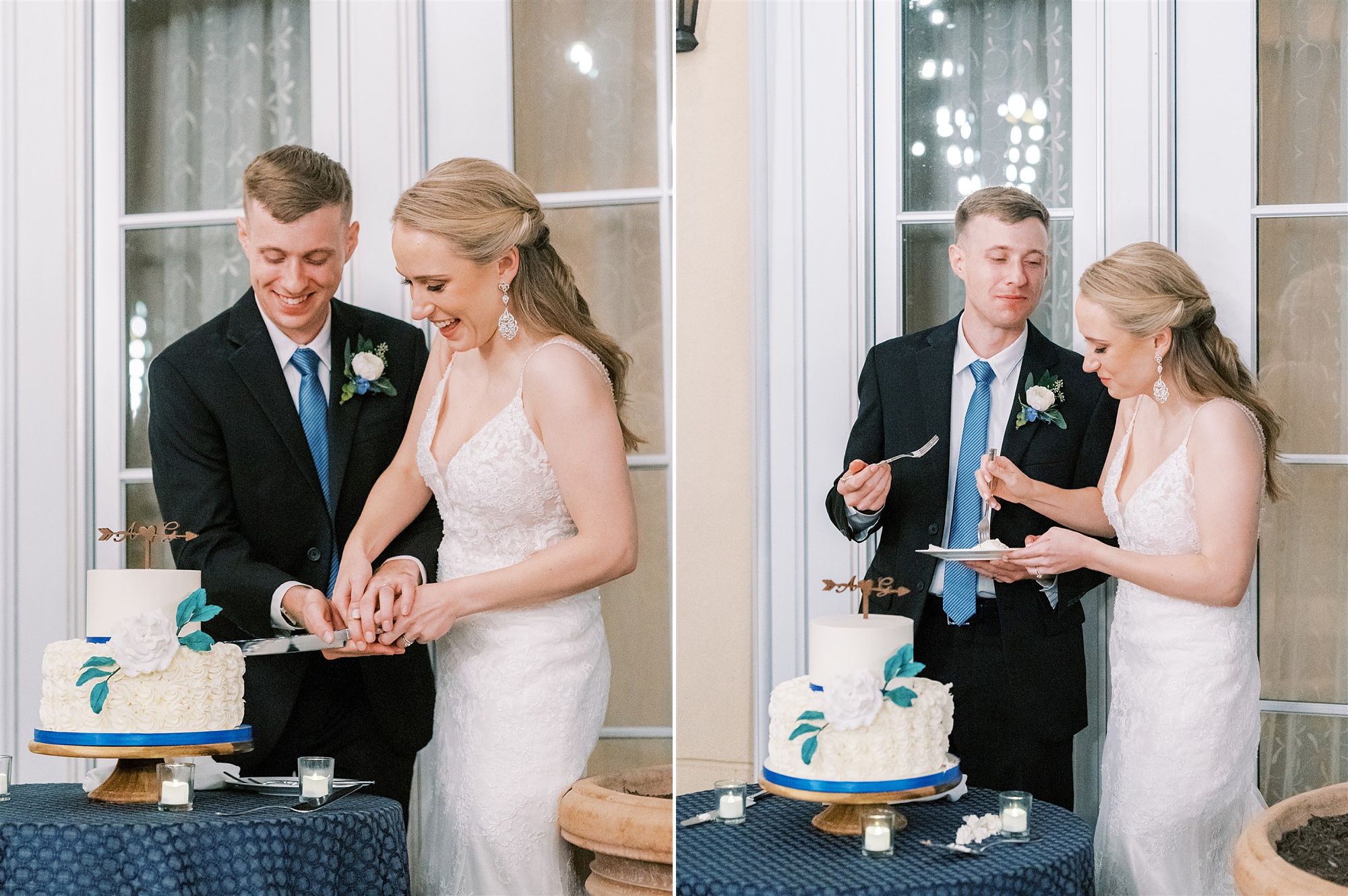 bride and groom cut wedding cake during fall wedding in Middleburg