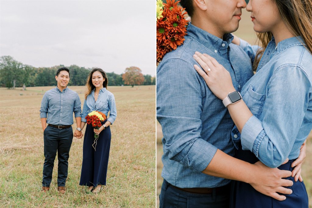 Manassas Battlefield Park Engagement portraits with couple in blue shirts