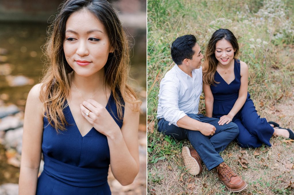 bride shows off engagement ring wearing blue dress