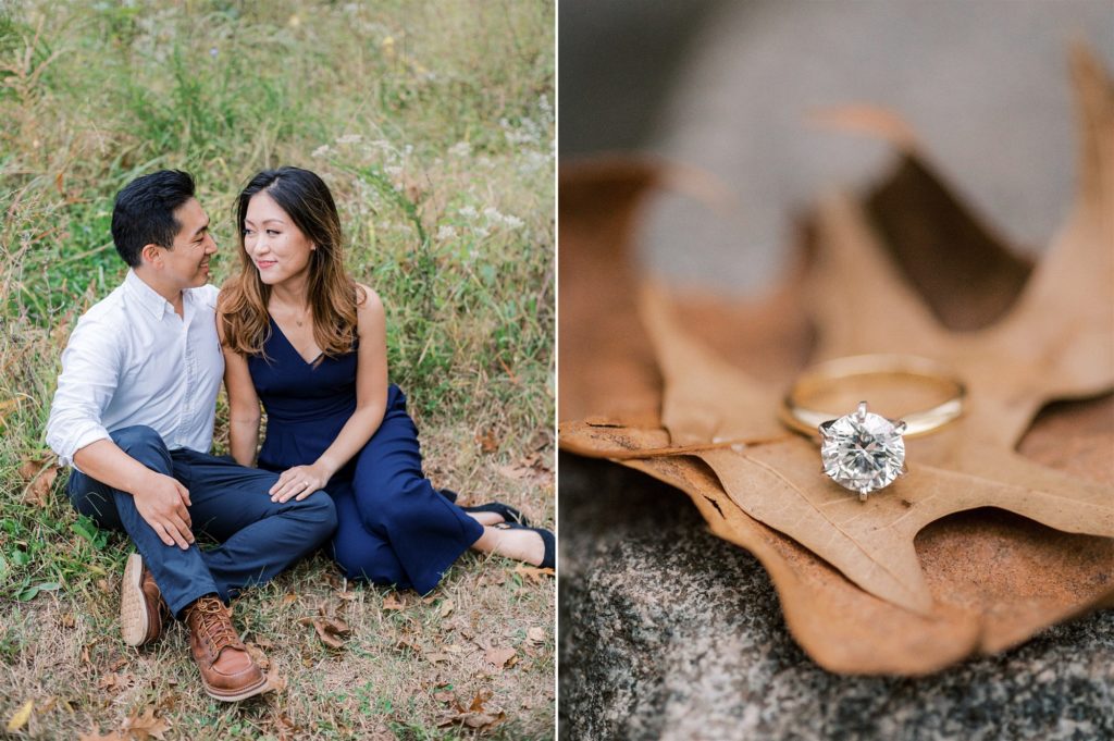 fall engagement portraits at Manassas Battlefield Park with engagement ring resting on brown leaf