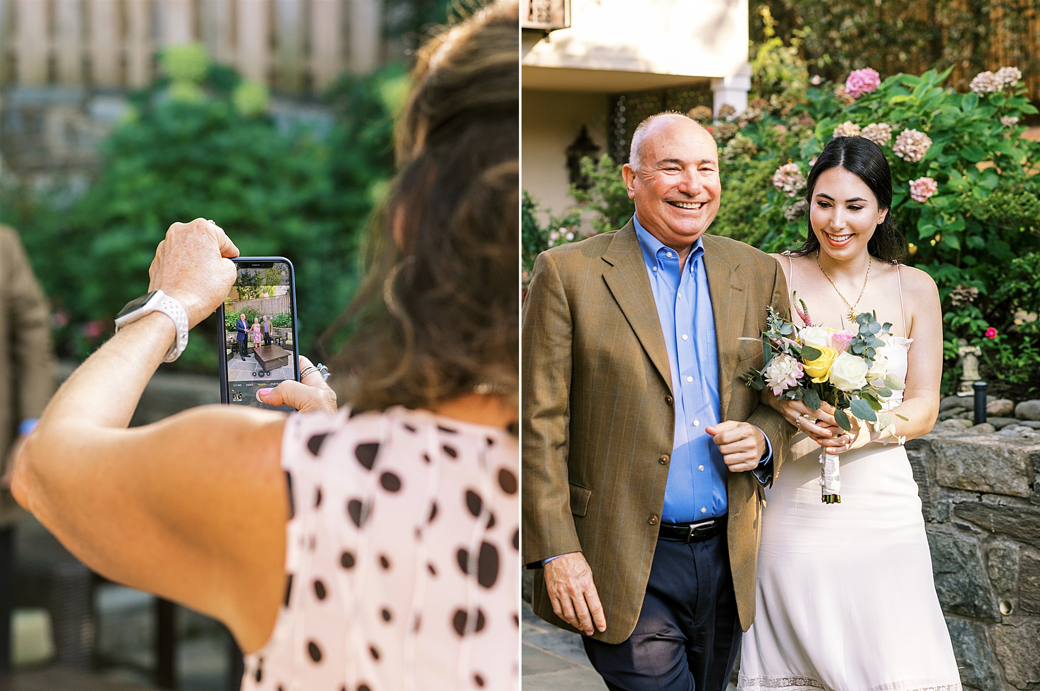 mom takes photos of bride with father