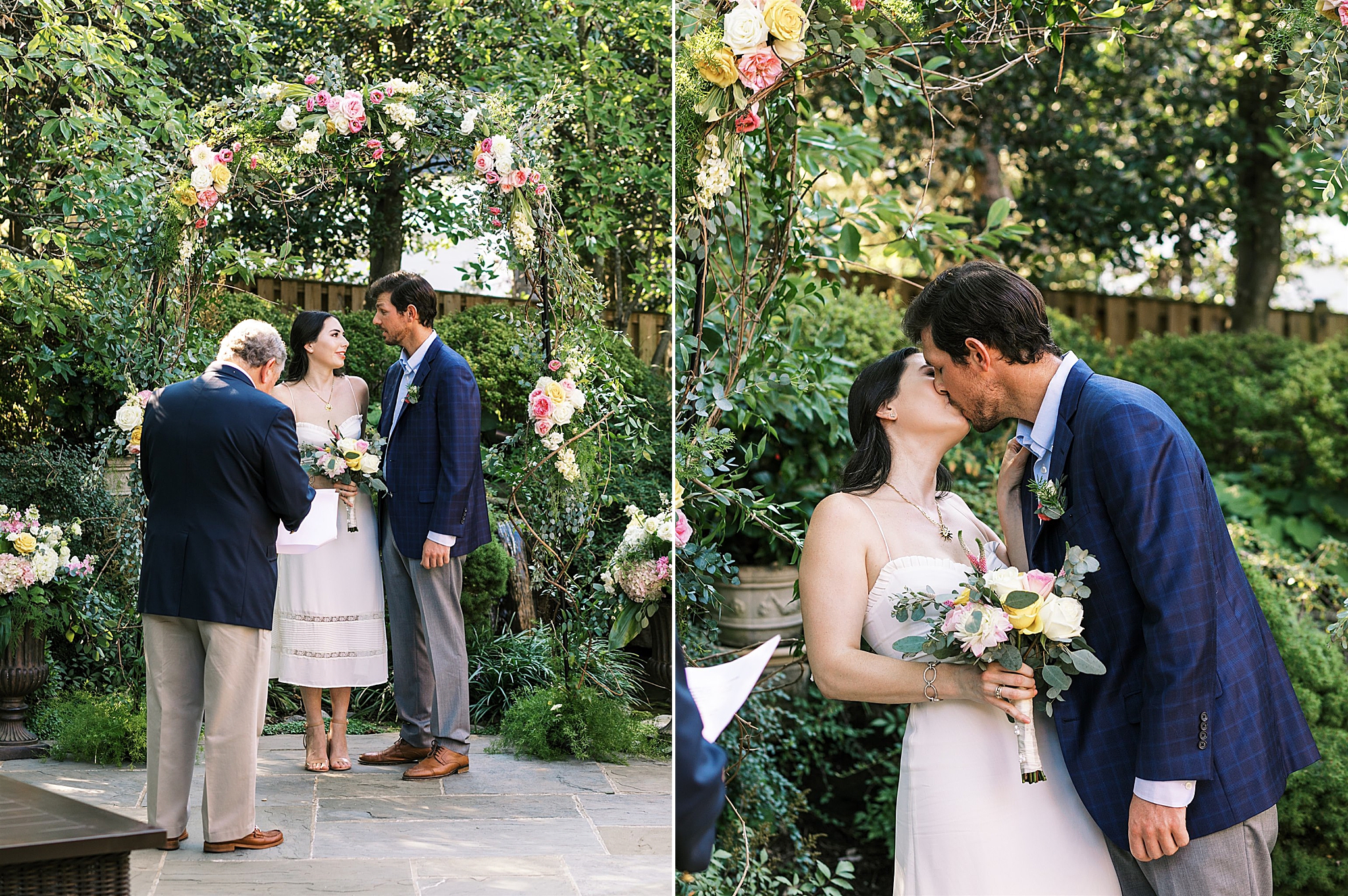 bride and groom kiss during Intimate Wedding ceremony at Home