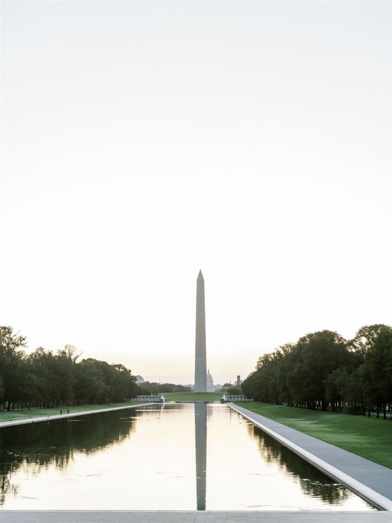 Washington Monument and Reflection Pool at sunset in Washington DC