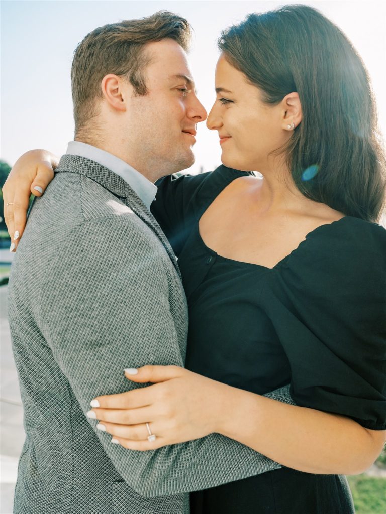 bride and groom pose nose to nose during DC engagement photos