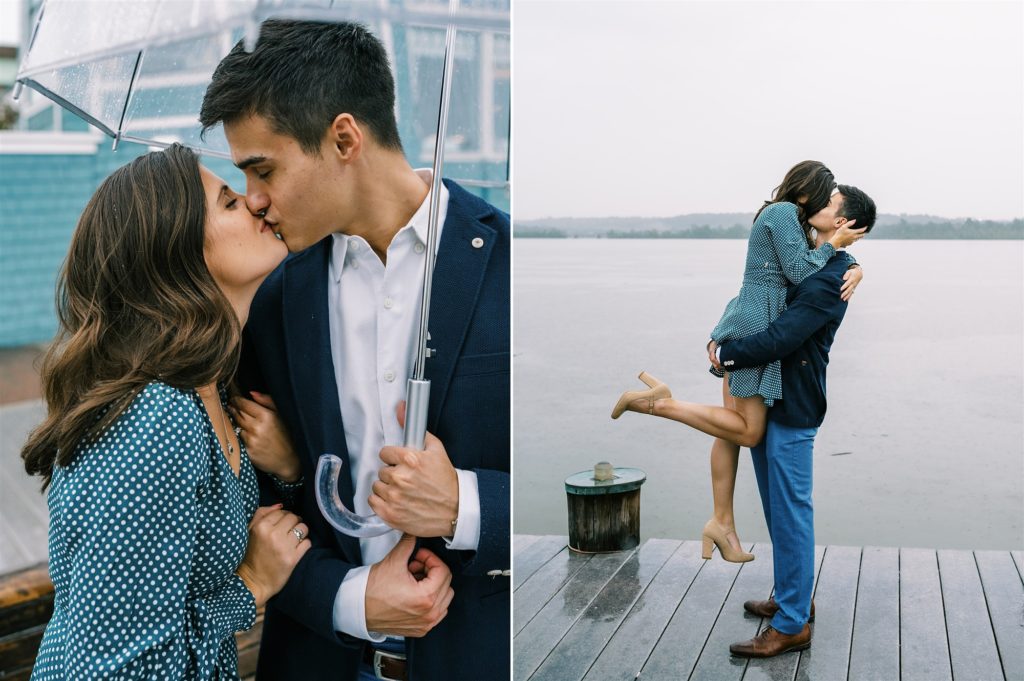 engaged couple kisses alongside Old Town Alexandria waterfront