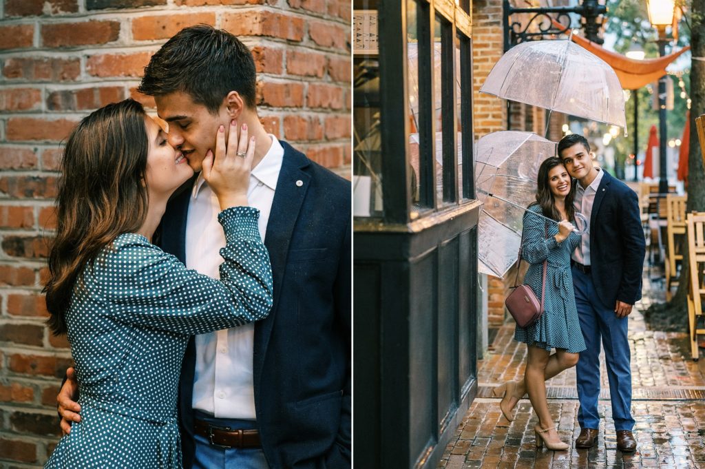 romantic Old Town Alexandria engagement photos by brick building