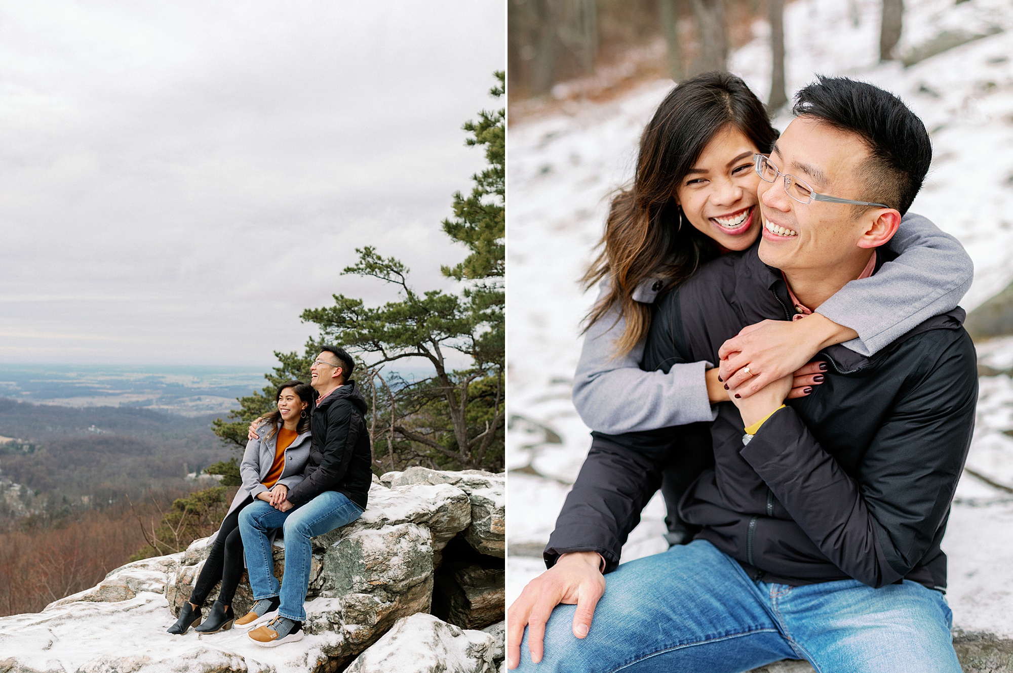 bride hugs groom from behind during Snowy Engagement Session in Bluemont, VA 